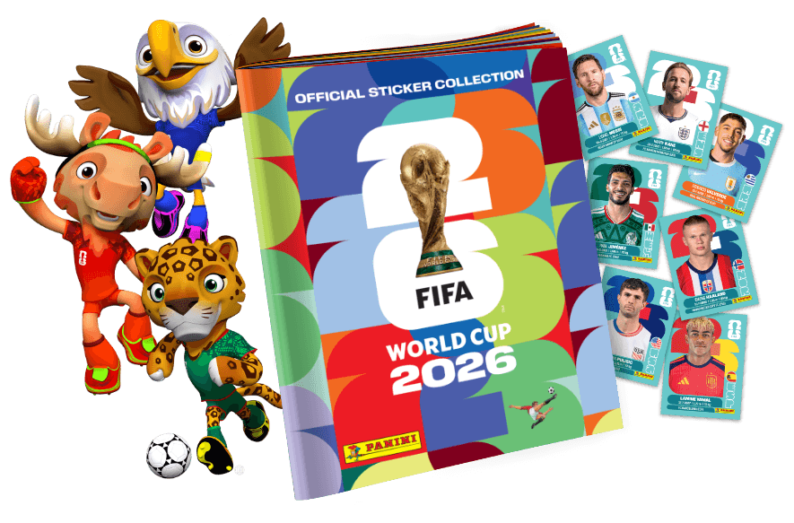 Mascotes Maple, Zayu e Clutch ao lado do álbum oficial Panini FIFA World Cup 2026 e cromos de jogadores