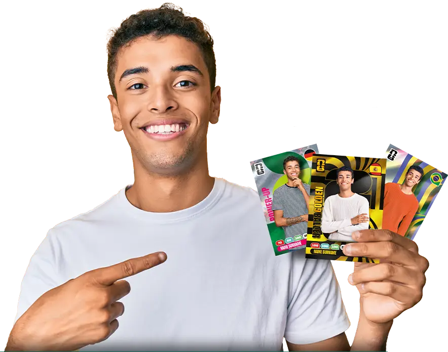 Cliente a segurar os seus cromos personalizados Power-Up, Golden e Bandeira